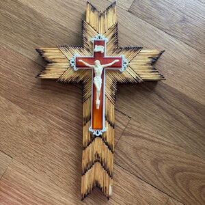 Vintage Tramp Art Style Matchstick Crucifix Wall Cross Starburst Folk Art